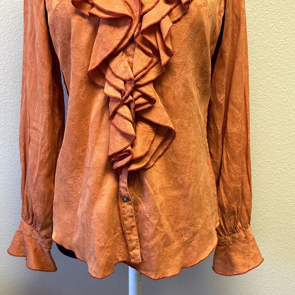 Ryan Michael Small Western Silk Cotton Orange Long Sleeve Ruffle Blouse Top - Picture 3 of 13